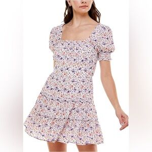 Trixxi NWT floral prairie Y2K peasant dress. Sz M. Smocked. White/blue/pink